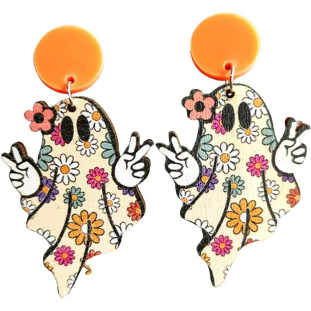 Women's Ghost Flowers Maple Wooden Cartoon Ghost Pumpkin Halloween Earrings